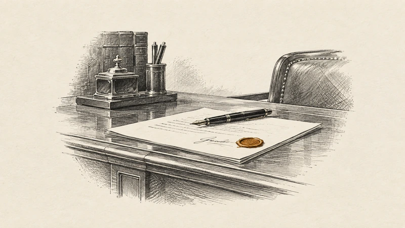 Engraving of an official's desk with a signed, sealed document and a pen
