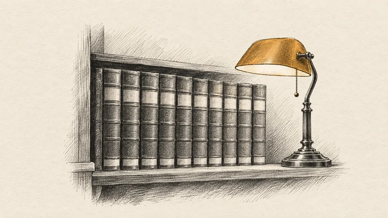 Engraving of a shelf of bound volumes lit by a desk lamp
