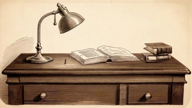 Engraving of a reading desk with an open reference book and a lamp