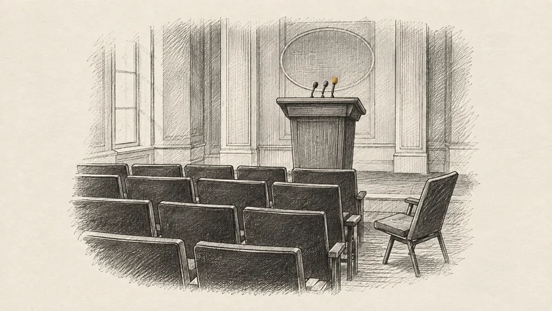 Engraving of an empty press briefing room with a lectern and rows of chairs