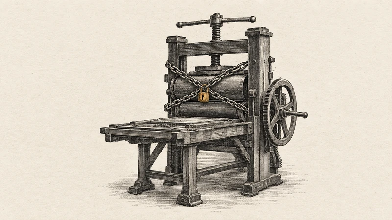 Engraving of a hand press bound in chains and a padlock